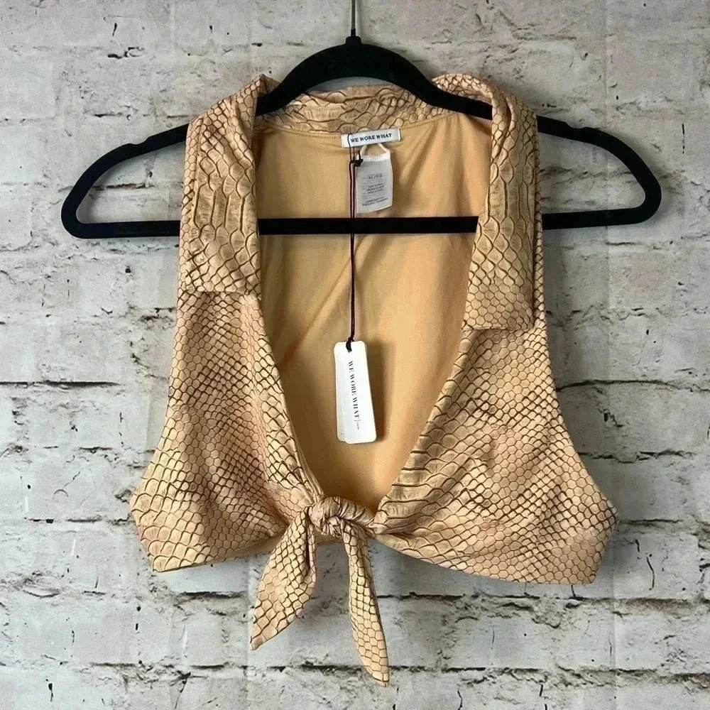 NWT We Wore What Women's XL Salerno Top Snake Skin Tan Swim Collared Tie Front